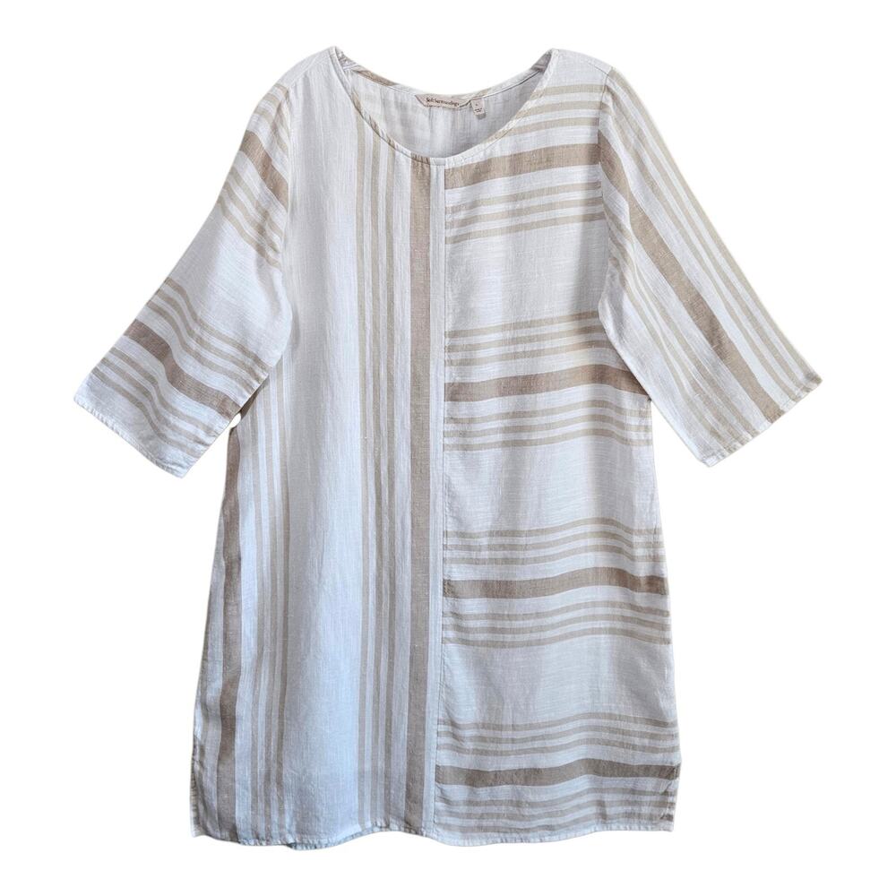 SOFT SURROUNDINGS Women's L Calypso Breeze Dress Tan Cream Linen Cotton Coastal